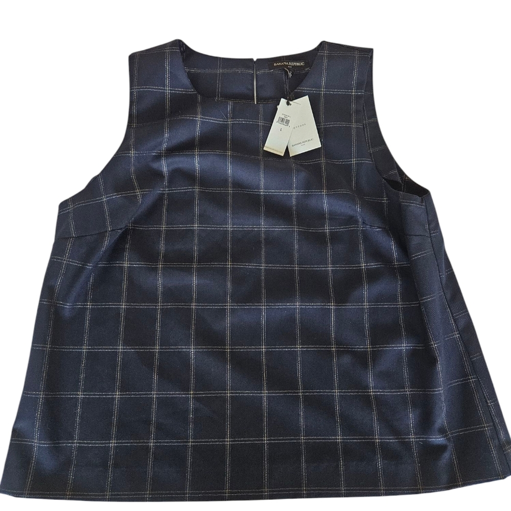 NWT Banana Repablic Plaid Shine Shell Navy Blue Checkered Sleeveless Top - Picture 7 of 9